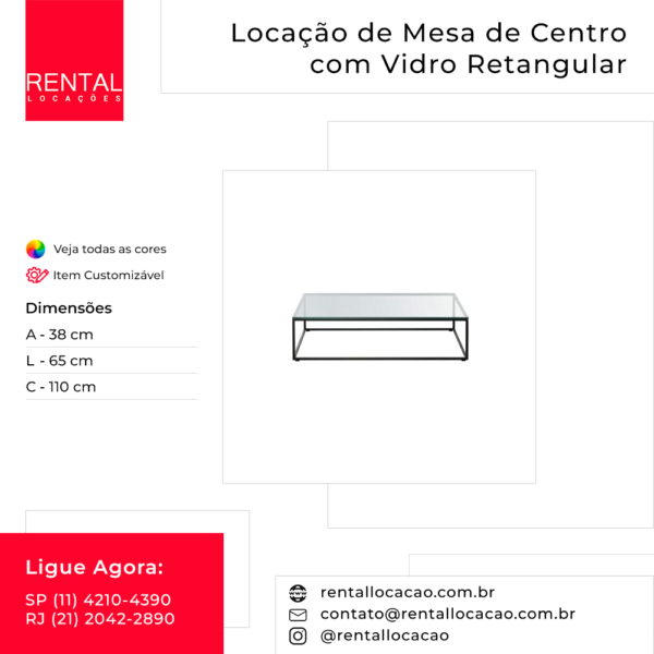 Locação de Mesa de Centro com Vidro Retangular